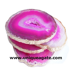 Gemstone Pink Agate Natural Slice/Coaster With Golden Edges Wholesale Crystal Healing Engraved Usui Reiki Symbols Gemstone Posit