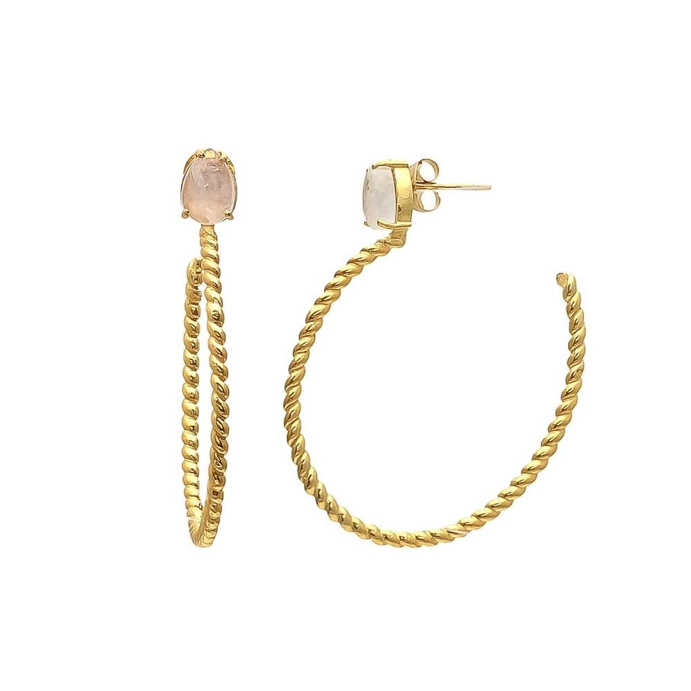 QUARTZ-EMBELLISHED TWISTED HOOP EARRINGS IN PINK | gold-tone metal with twisted hoops with pink quartz stud hoop earrings