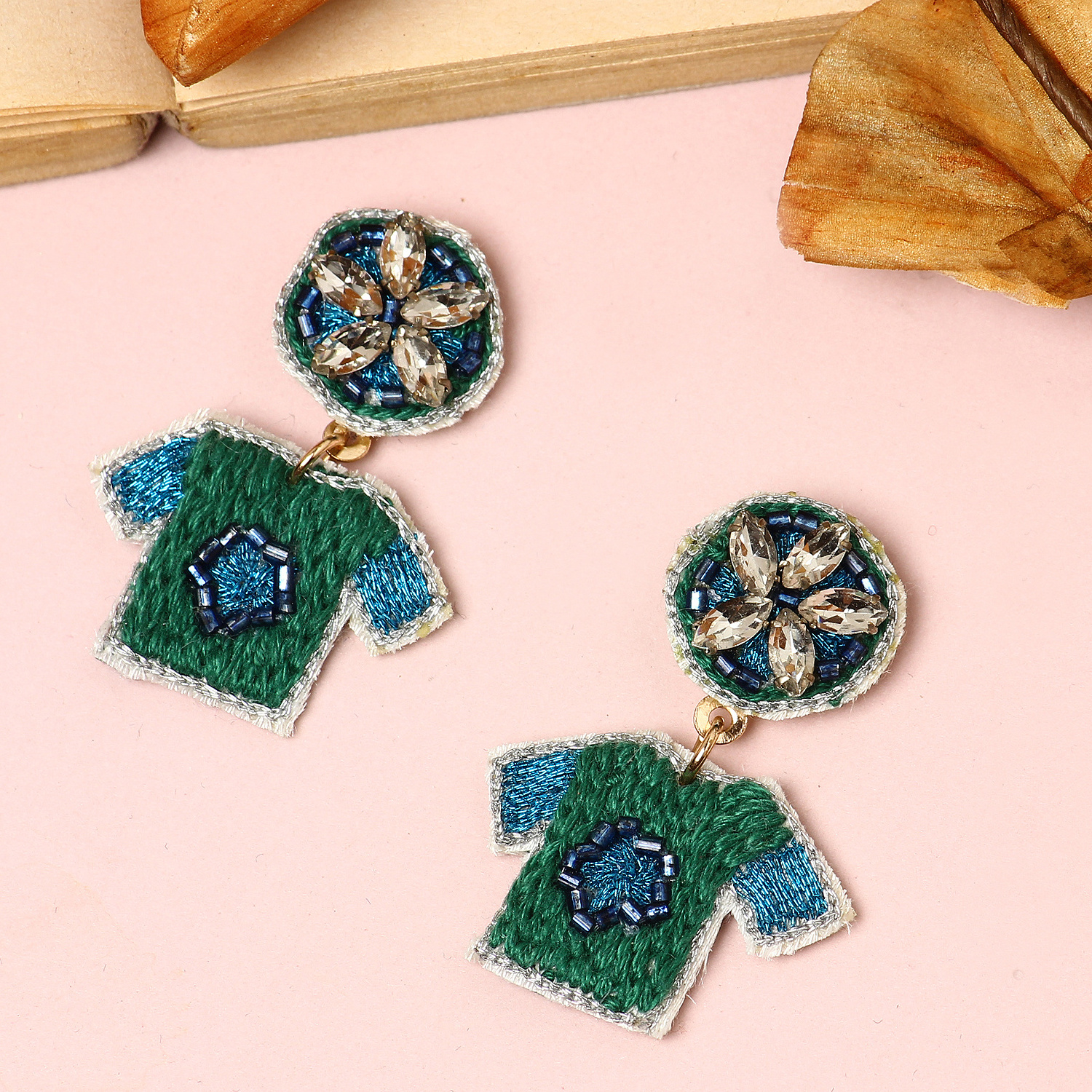 Green&Blue Fashion Earring | Handcrafted Earring | Hand Embroidery Earring  -  Shj-7208