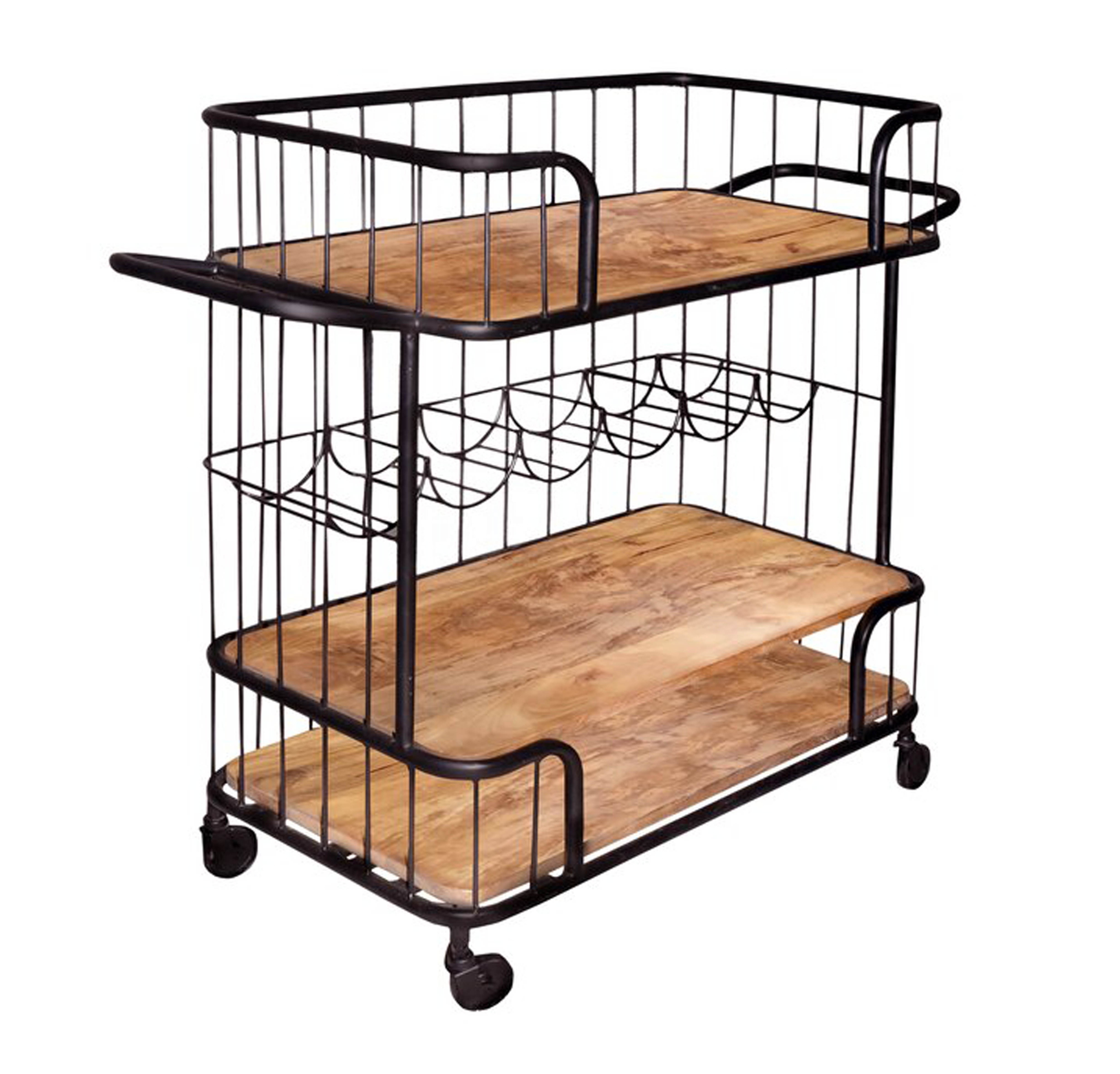 New Classic Luxury Modern Design Wood & Metal Frame  Bar Cart with Wooden Top & 2 Shelves, Black & Brown