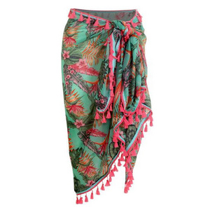 Beautiful Skirt Women Pareo Sarong and Beachwear Front Tie Girls Hawaiian Pareo Sarong with Floral Printed &  Green Fuchsia