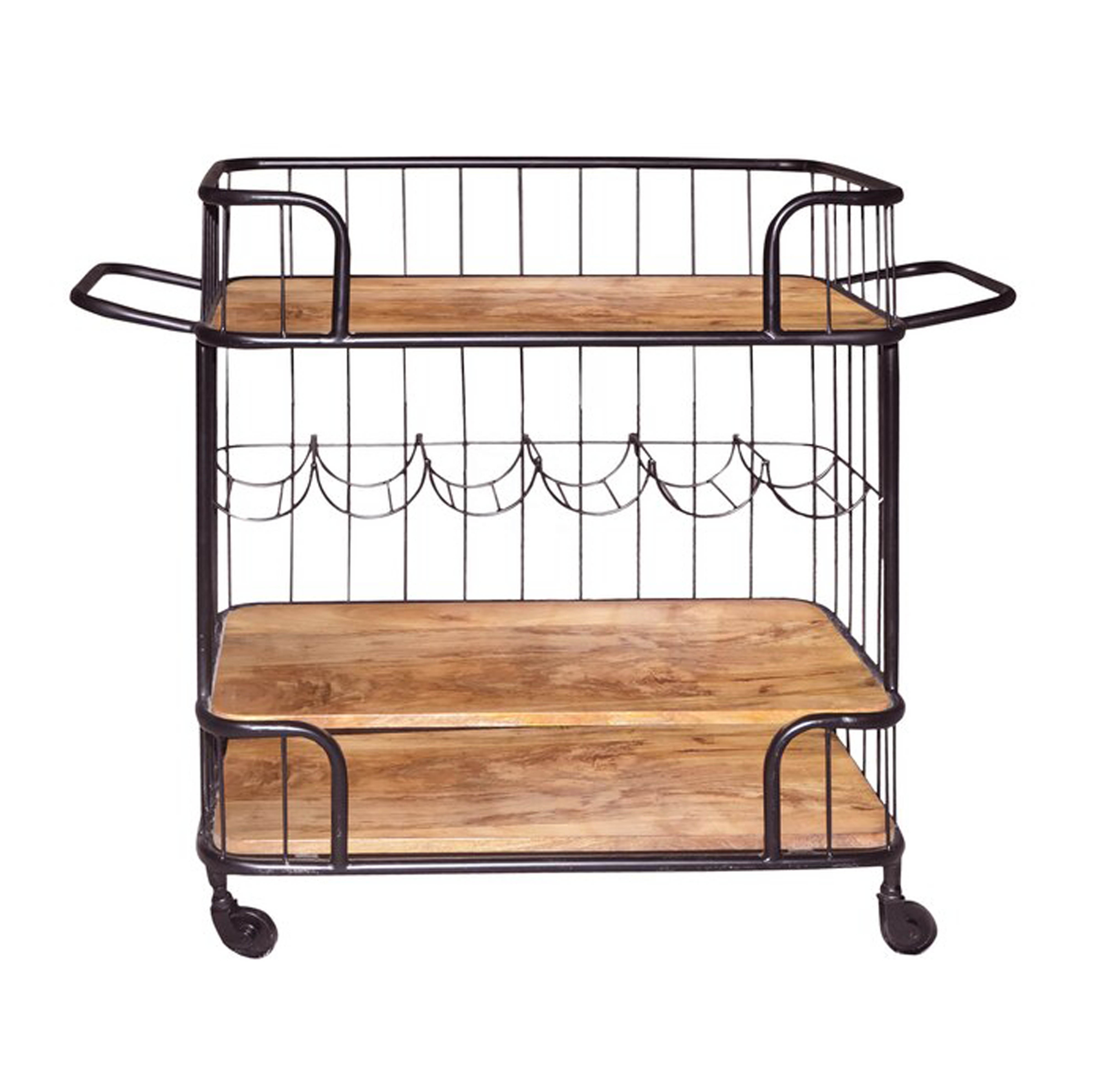 New Classic Luxury Modern Design Wood & Metal Frame  Bar Cart with Wooden Top & 2 Shelves, Black & Brown