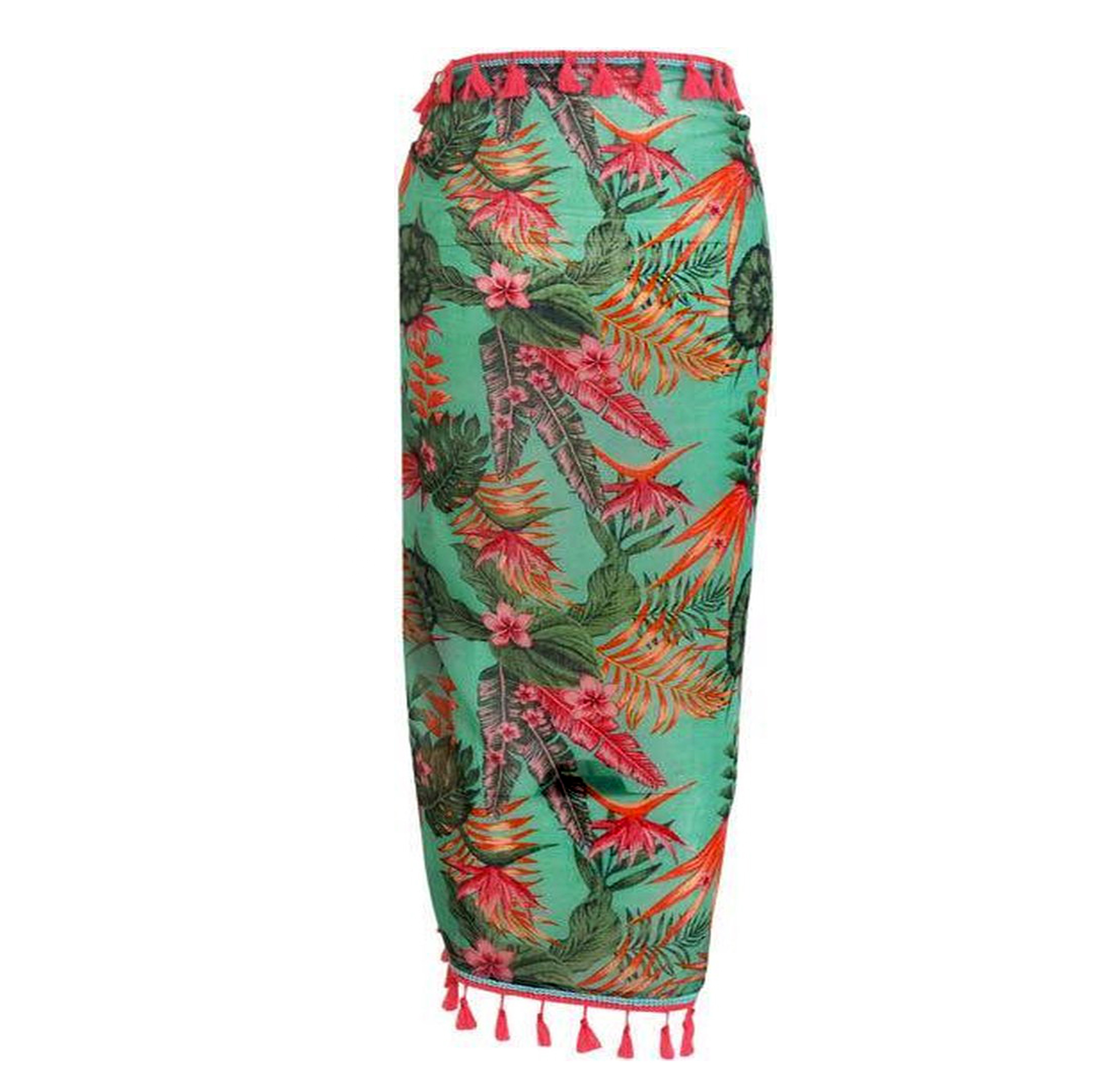 Beautiful Skirt Women Pareo Sarong and Beachwear Front Tie Girls Hawaiian Pareo Sarong with Floral Printed &  Green Fuchsia