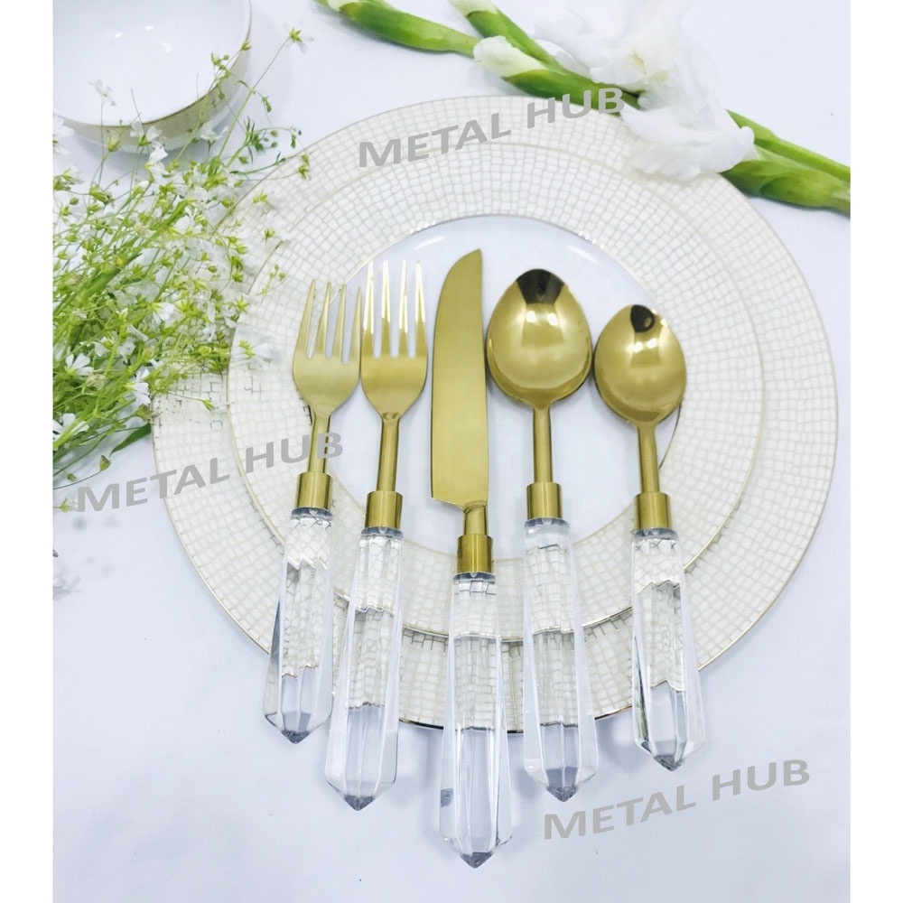 Stainless Steel Gold Flatware Set W/Lucite Handle S/5 & 7 Pcs. place setting, Wedding Cutlery Set