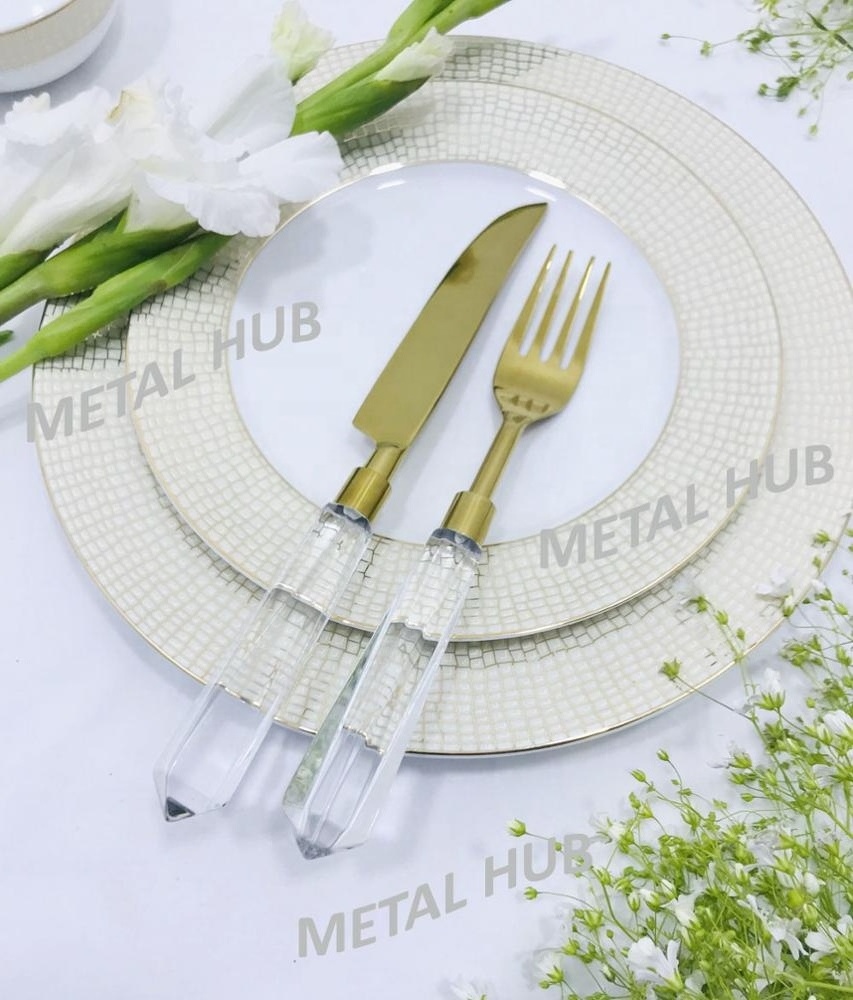 Stainless Steel Gold Flatware Set W/Lucite Handle S/5 & 7 Pcs. place setting, Wedding Cutlery Set