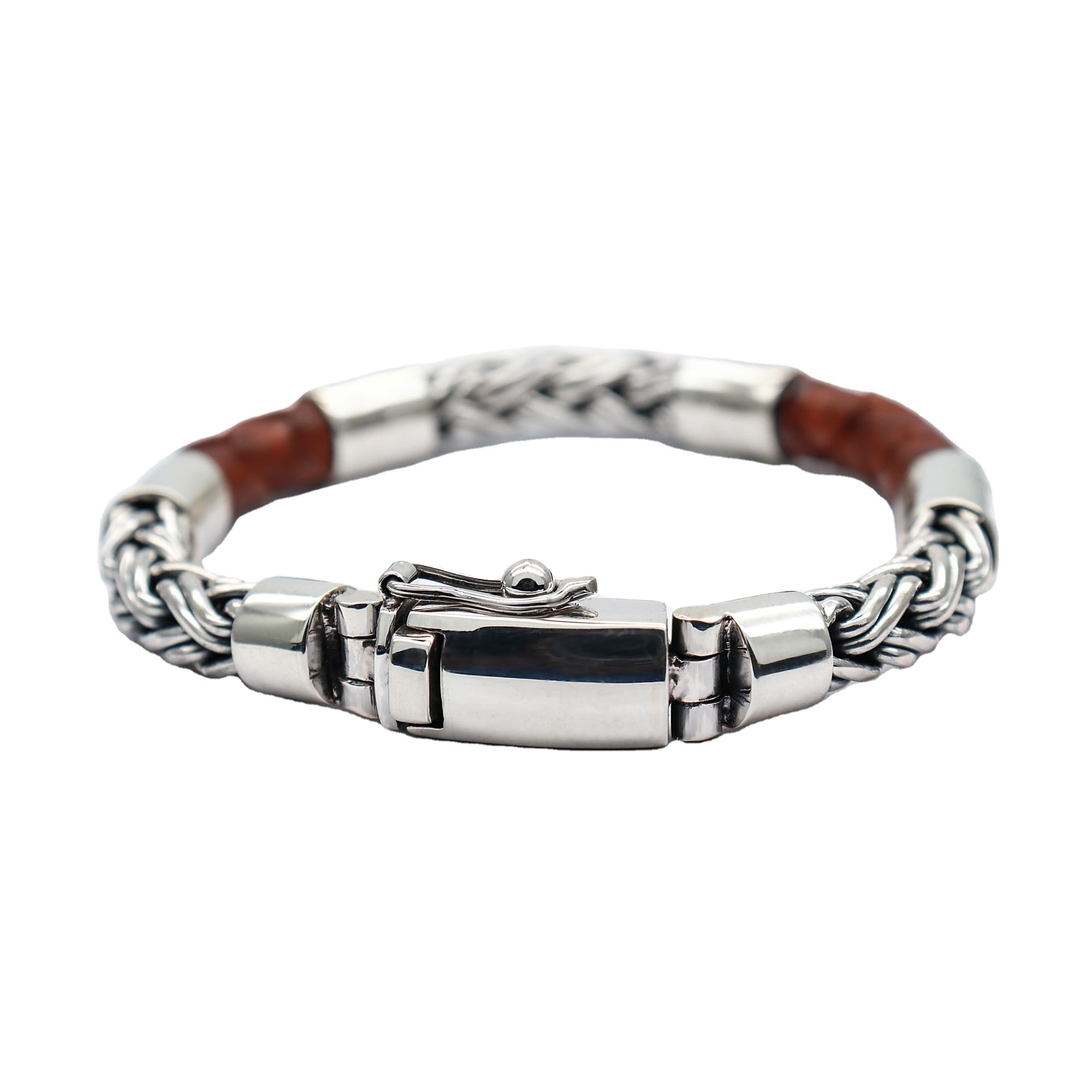 Hand Made Sterling Silver 925 Bracelet Men Genuine Leather Bracelet Made in Bali for Men Fashion Jewelry Bracelet Men Jewellery