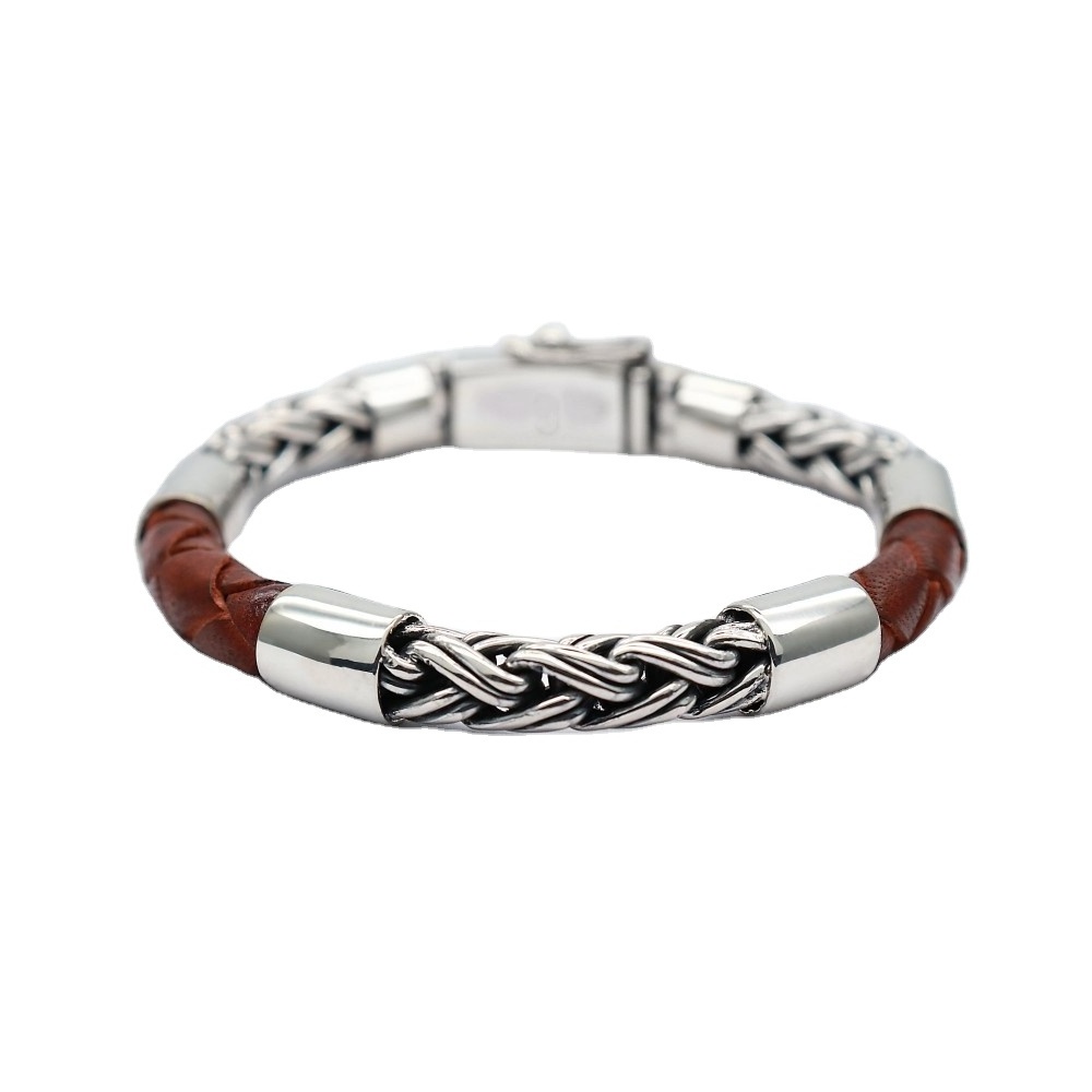 Hand Made Sterling Silver 925 Bracelet Men Genuine Leather Bracelet Made in Bali for Men Fashion Jewelry Bracelet Men Jewellery