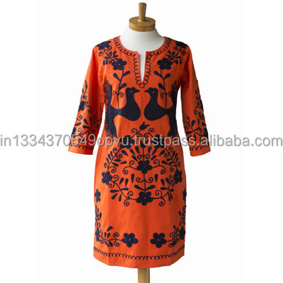 Most Selling Wholesale Clothing Embroidered Vintage Fall Flora Boho Style Peasant Mexican Bird Dress Female Tunic Resort Wear