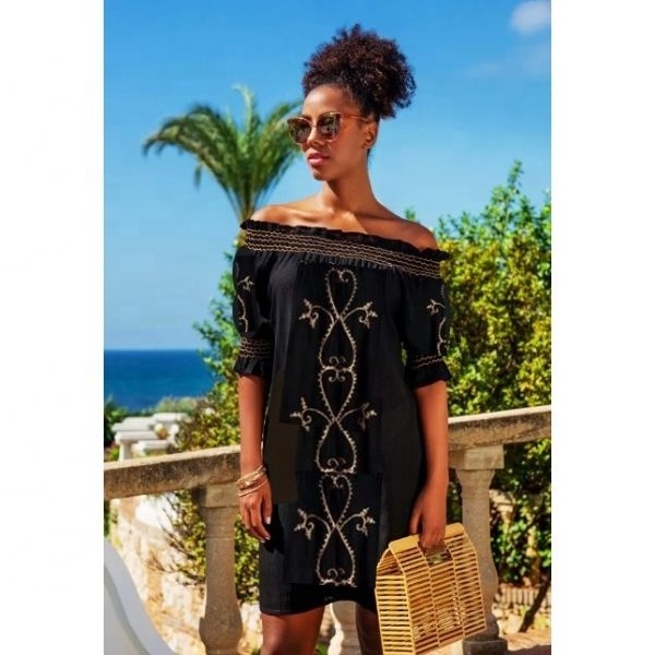 Hot Sunshine Ladies Black Rose Gold Embroidered Bardot Designer Summery Beach Dress Flowing Off Shoulder Comfortable Women Tunic