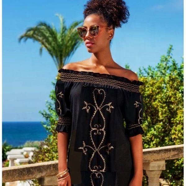 Hot Sunshine Ladies Black Rose Gold Embroidered Bardot Designer Summery Beach Dress Flowing Off Shoulder Comfortable Women Tunic