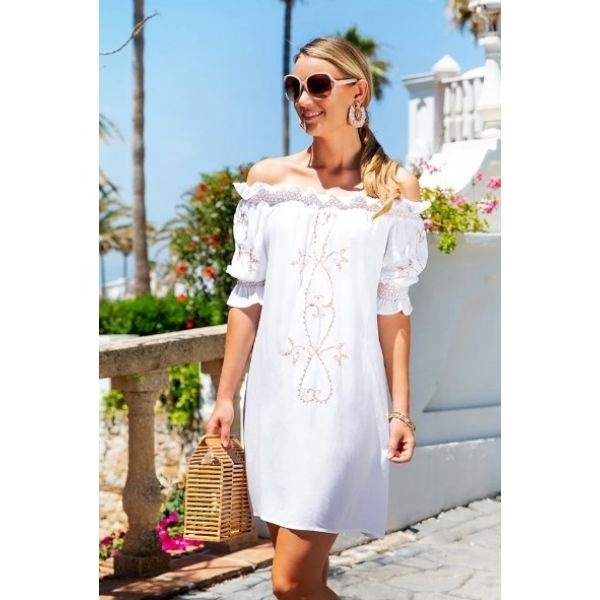 Hot Sunshine Ladies Black Rose Gold Embroidered Bardot Designer Summery Beach Dress Flowing Off Shoulder Comfortable Women Tunic