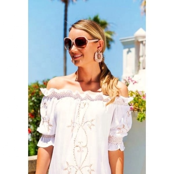 Hot Sunshine Ladies Black Rose Gold Embroidered Bardot Designer Summery Beach Dress Flowing Off Shoulder Comfortable Women Tunic