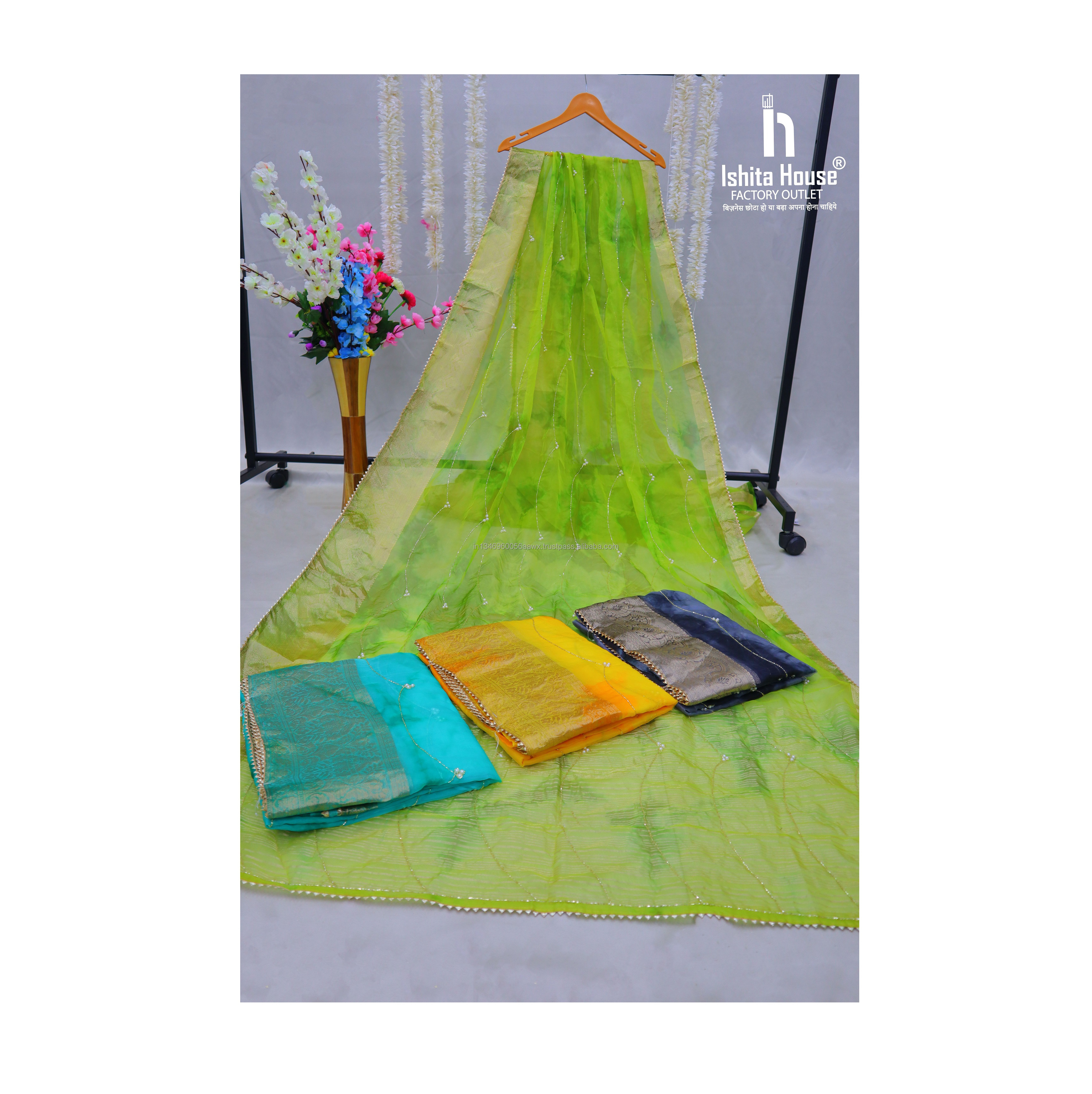 Top Quality Lime Green Golden Zari and Hand Work Organza Saree with Blouse 4 Pcs of Set from Indian Supplier