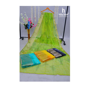 Top Quality Lime Green Golden Zari and Hand Work Organza Saree with Blouse 4 Pcs of Set from Indian Supplier