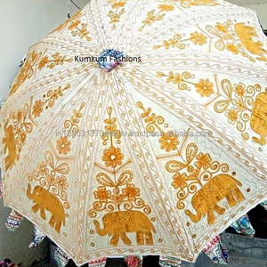 Indian Elephant Vintage Garden Decorative Large Umbrella Sun Shade Cotton Outdoor Parasol Designer Embroidered Garden Umbrellas