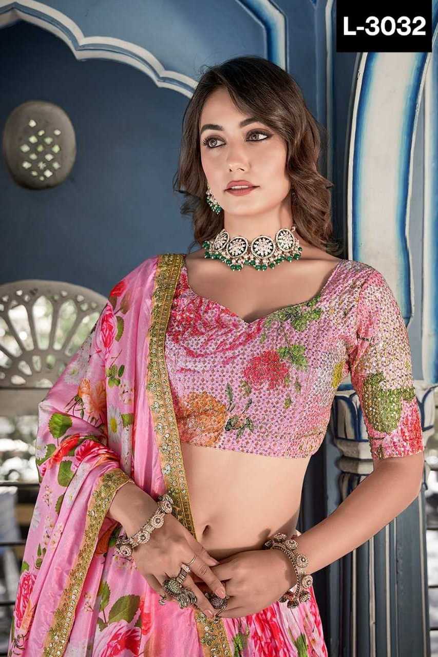 Indian Ethnic wear Digital Printed Sequence and Delicate Details of Crushed chinon Lehenga Choli Collections for Wedding Wear