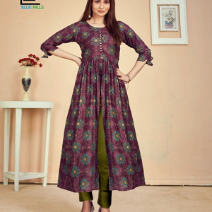 Indian Pakistani Style Ethnic Wear Pure Rayon Kurtis with Fancy Neck and Sleeve and One Side Cut Anarkali Gown Style Women Kurti