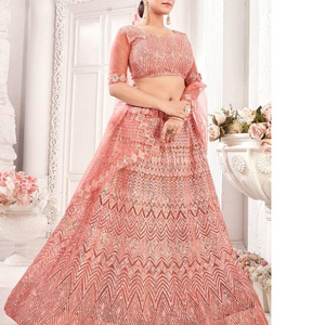 Indian Ethnic Wear Net with chain Work Lehenga choli and Both Side Chain Work Lace Border Dupatta Set for Women Wear Clothes