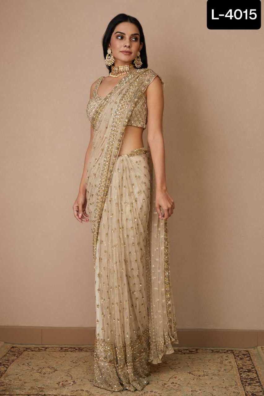 Indian Party Wear and Bollywood Style Net saree with Fancy Milky Rainbow sequence and Thread work border work Saree with Blouse