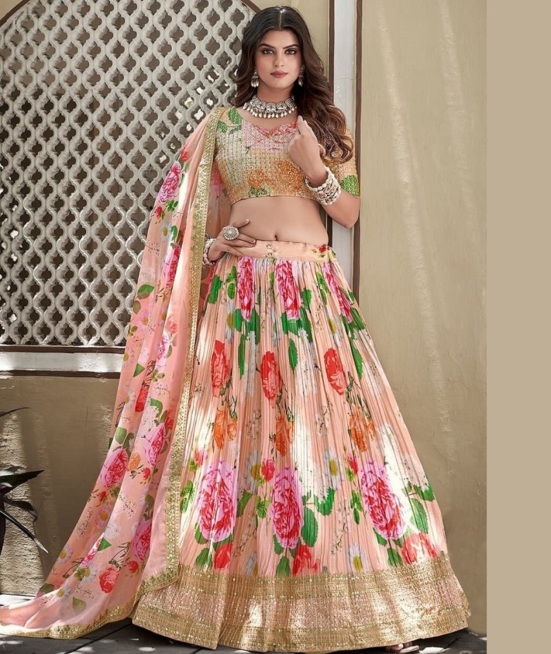 Indian Ethnic wear Digital Printed Sequence and Delicate Details of Crushed chinon Lehenga Choli Collections for Wedding Wear