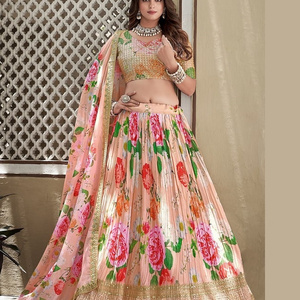 Indian Ethnic wear Digital Printed Sequence and Delicate Details of Crushed chinon Lehenga Choli Collections for Wedding Wear