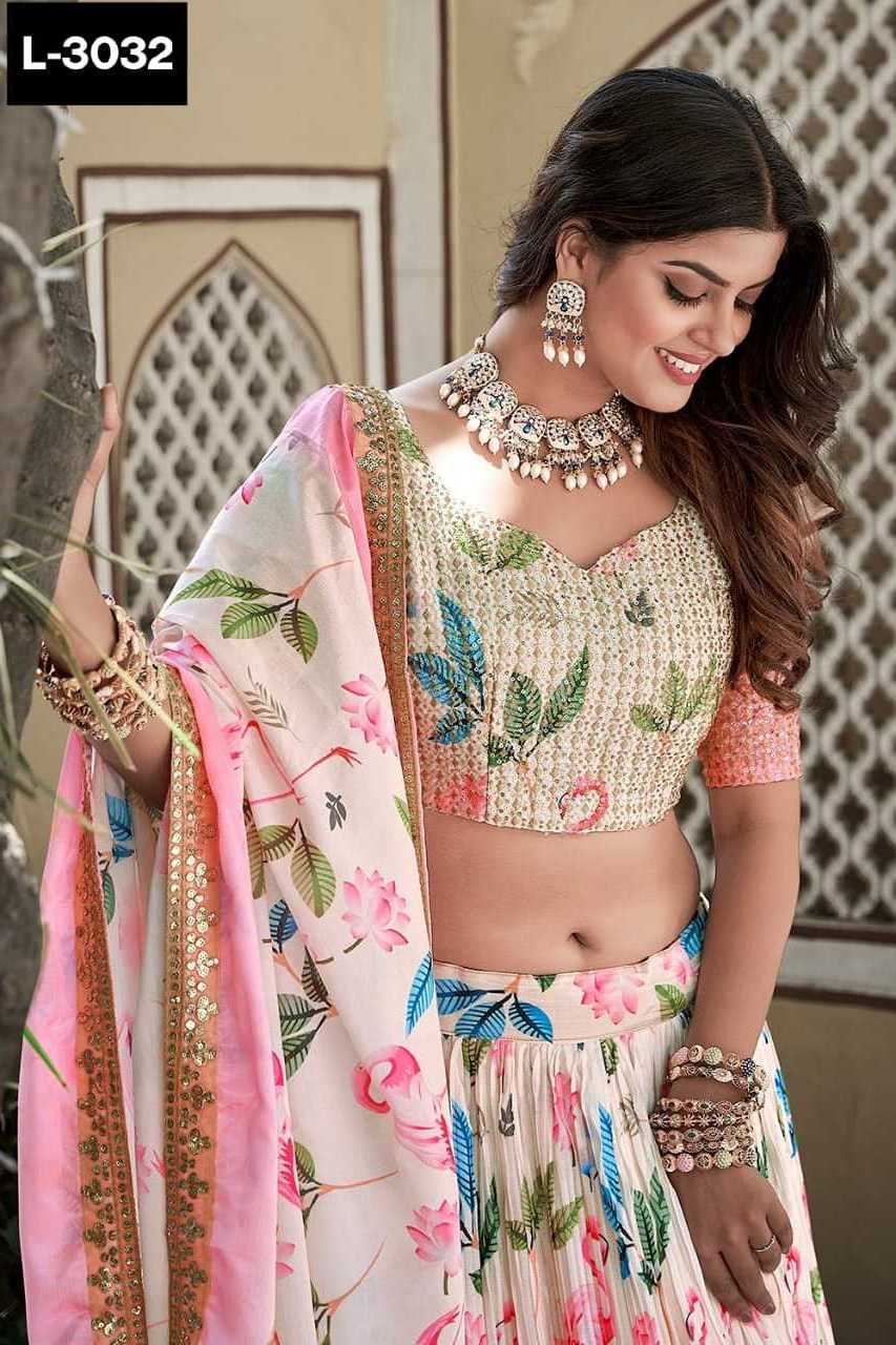 Indian Ethnic wear Digital Printed Sequence and Delicate Details of Crushed chinon Lehenga Choli Collections for Wedding Wear