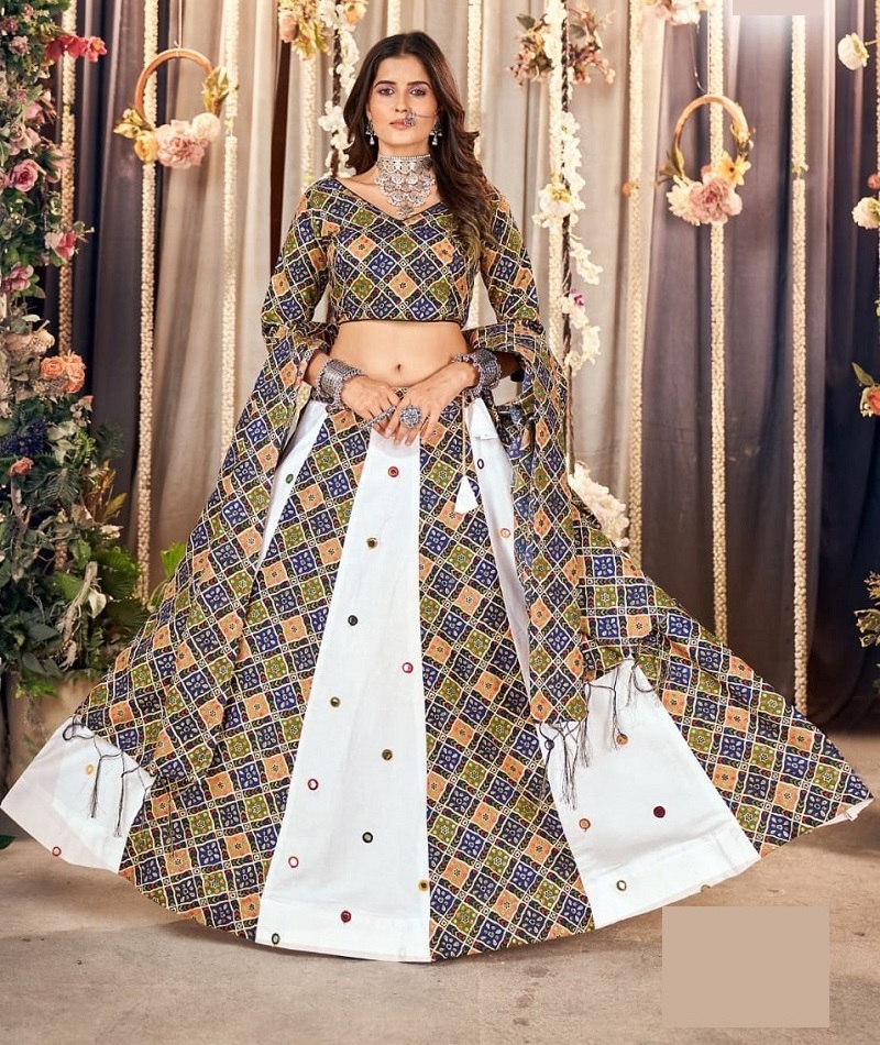 Indian Pakistani Festival Wear Cotton Lehenga choli with Printed Work Foil Mirror Work and Ready Made Lehenga Choli for Wome