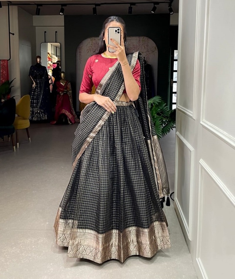 Indian Ethnic Wear Organza with Zari Weaving Work with tasles Stitched Lehenga and Heavy Banglory Unstitched Blouse for Women