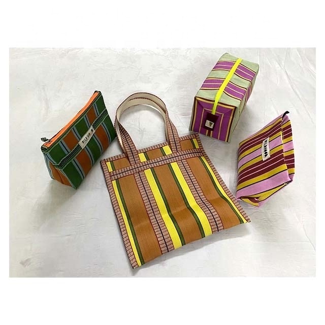 Eco friendly recycled plastic stripe bag and stand up pouches for toiletries/wash/beauty wholesale products tote shopping bags