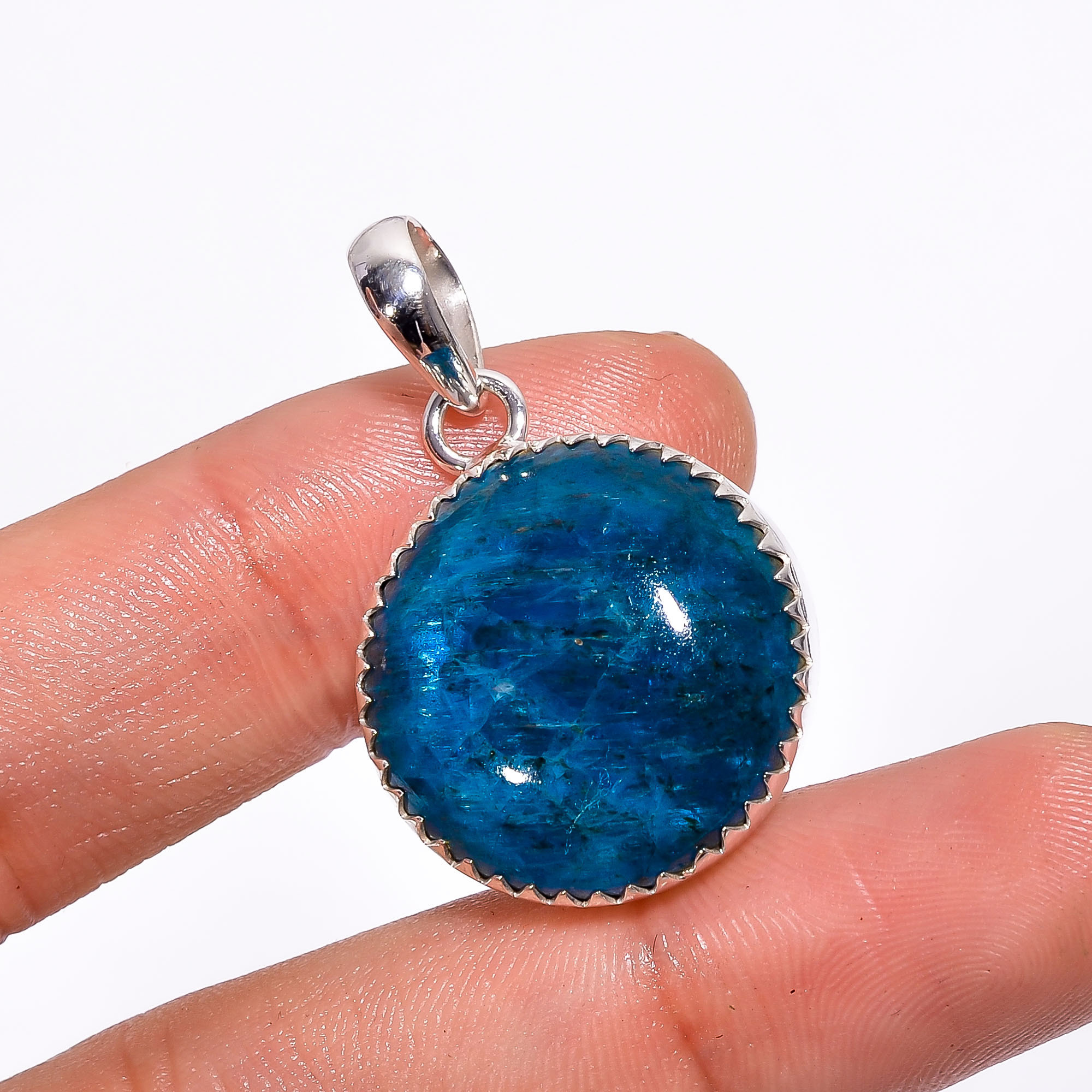 Natural Blue Apatite Pure Solid Silver Gold Plated Round Coin Shape Sterling Silver Bezel Charm Pendant & Connector