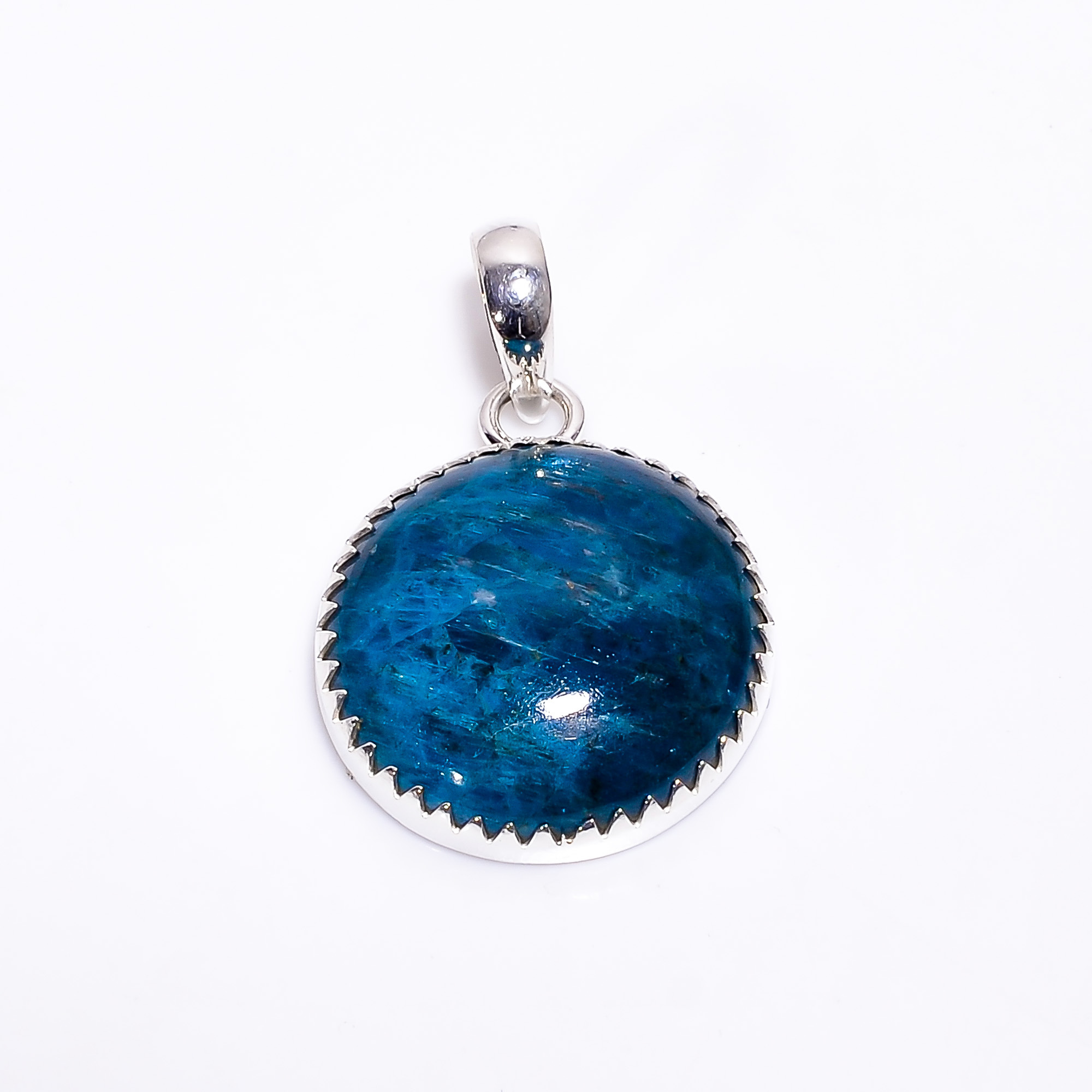 Natural Blue Apatite Pure Solid Silver Gold Plated Round Coin Shape Sterling Silver Bezel Charm Pendant & Connector