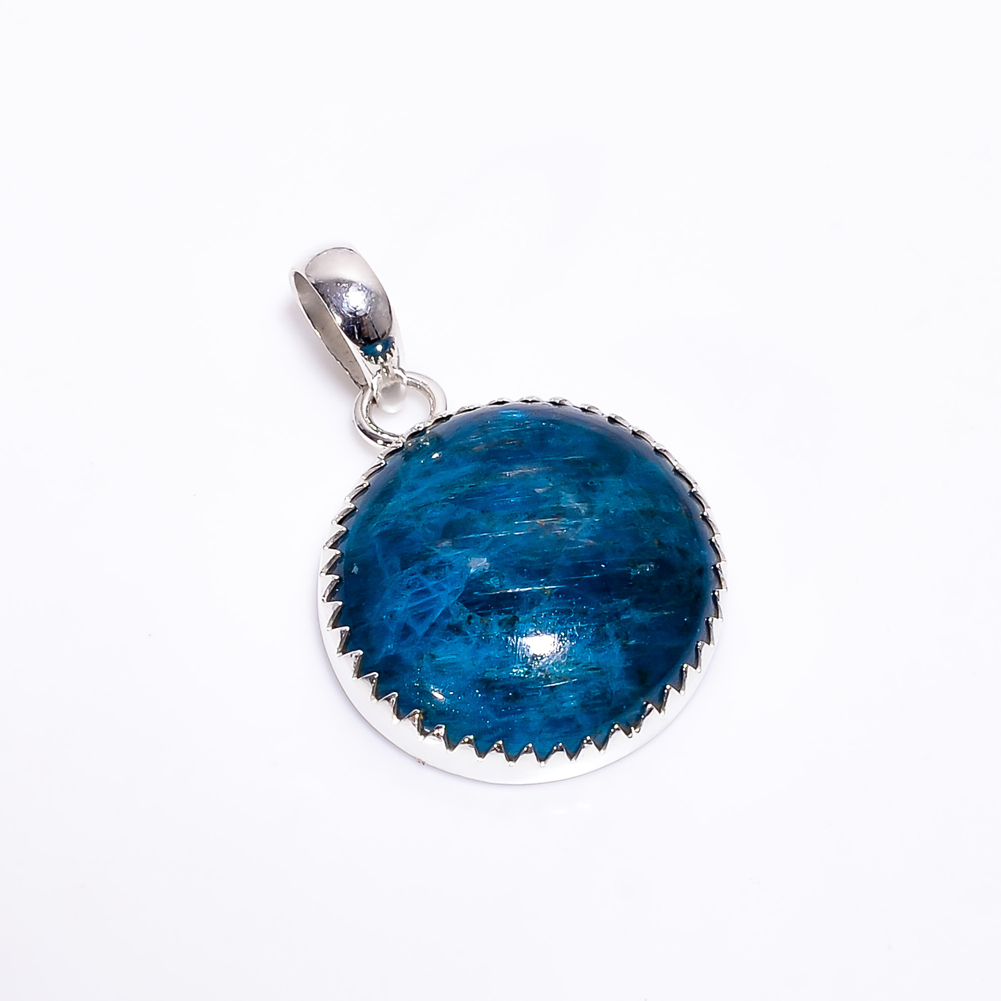 Natural Blue Apatite Pure Solid Silver Gold Plated Round Coin Shape Sterling Silver Bezel Charm Pendant & Connector