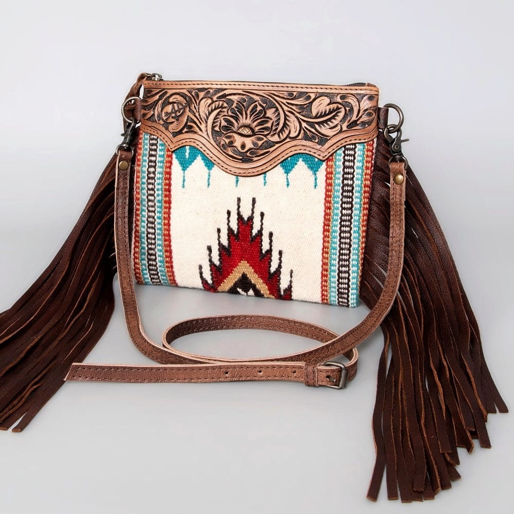 Wool saddle blanket Small shoulder bag made of worked leather cowhide patch on top with cow suede fringe matching handle Design