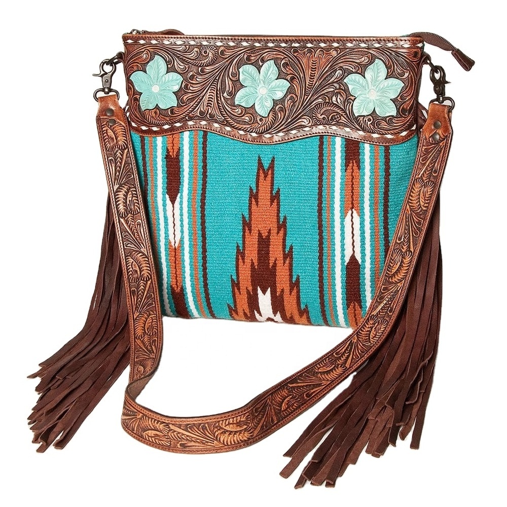 Super Selling Handbag Western Genuine Leather Crossbody bag with Saddle Blanket And Engraved Designed Cowgirl sling for Sale