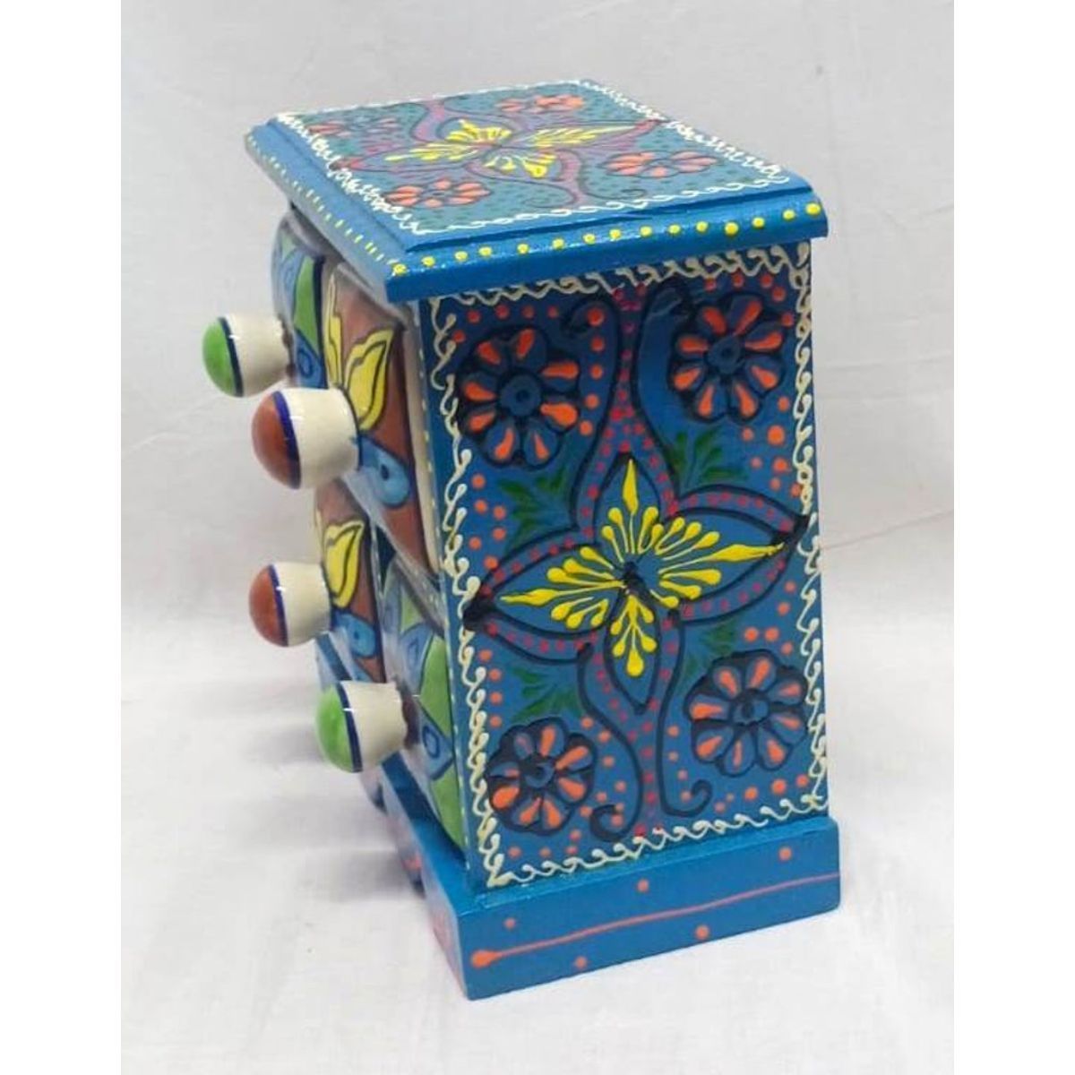 Hand Made Teal Wood Box with 4 Hand Painted Ceramic Drawers