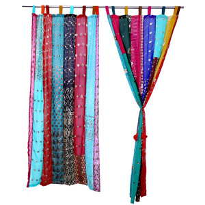 2 PC Vintage Curtain Indian Old Sari Patchwork Drape Window Decor Silk Curtain Valances Set