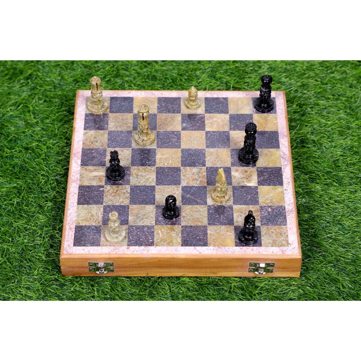 Wooden Marble Travelling Chess Pieces set with Soap Stone Hand-carved Pieces and with Storage Case