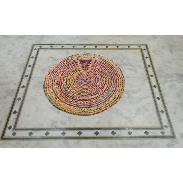 Round Multi-color Printed Reversible Jute Rugs Ethnic Indian Handmade Doormat Area Rugs