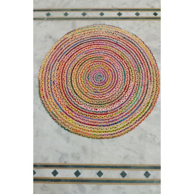 Round Multi-color Printed Reversible Jute Rugs Ethnic Indian Handmade Doormat Area Rugs