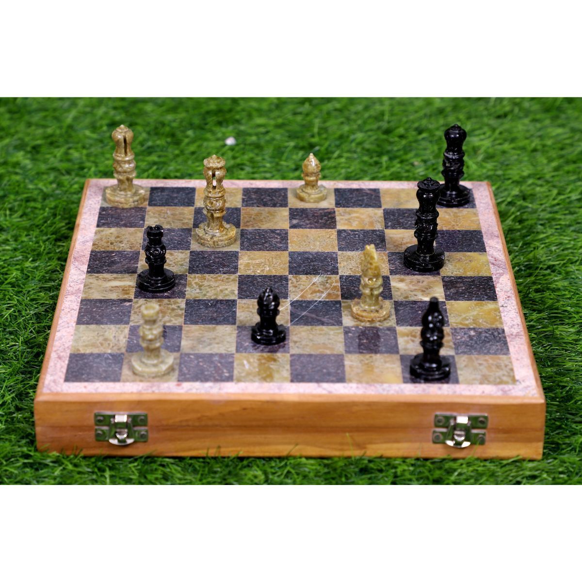 Wooden Marble Travelling Chess Pieces set with Soap Stone Hand-carved Pieces and with Storage Case