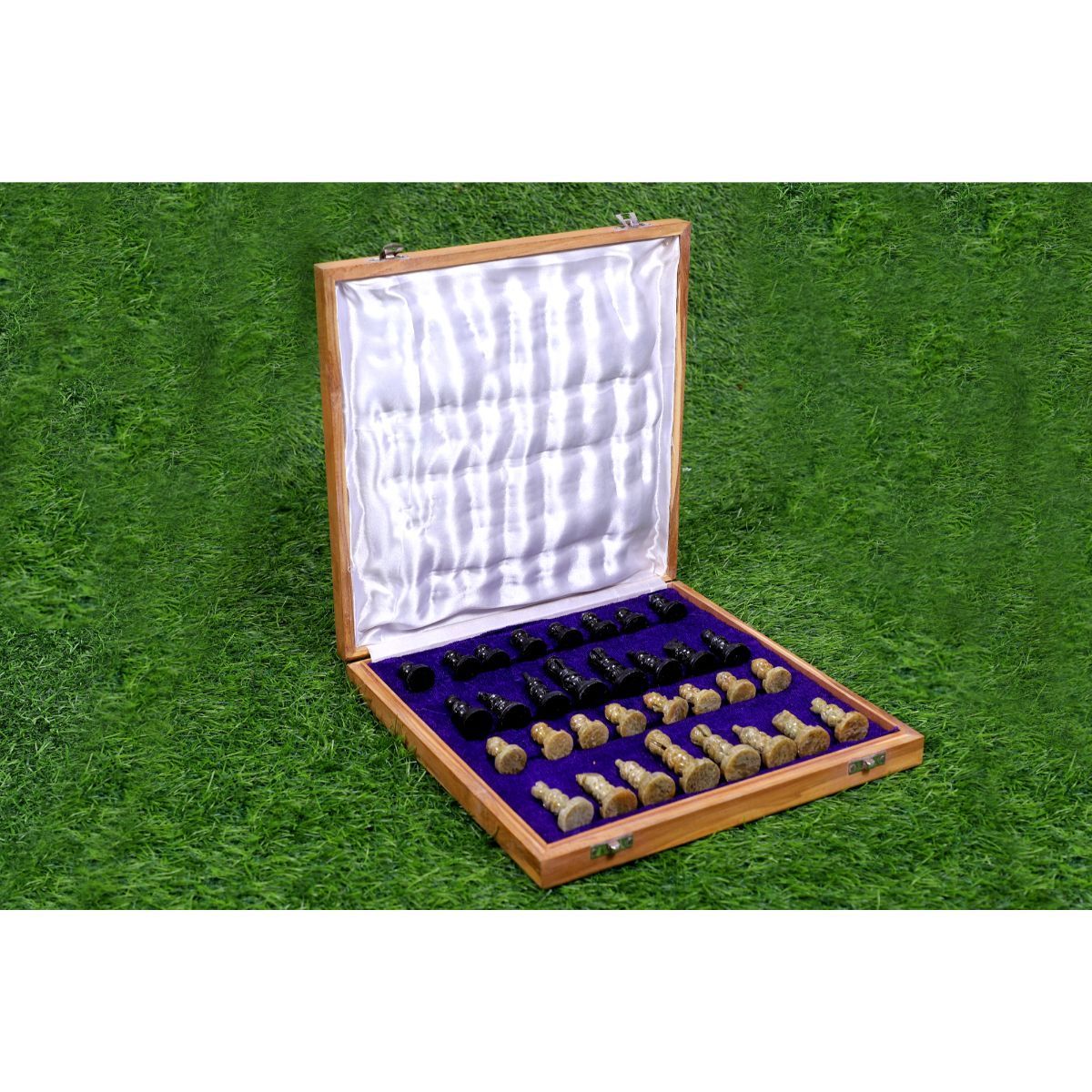 Wooden Marble Travelling Chess Pieces set with Soap Stone Hand-carved Pieces and with Storage Case