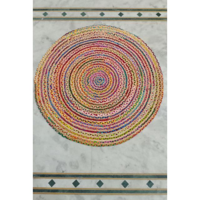 Round Multi-color Printed Reversible Jute Rugs Ethnic Indian Handmade Doormat Area Rugs