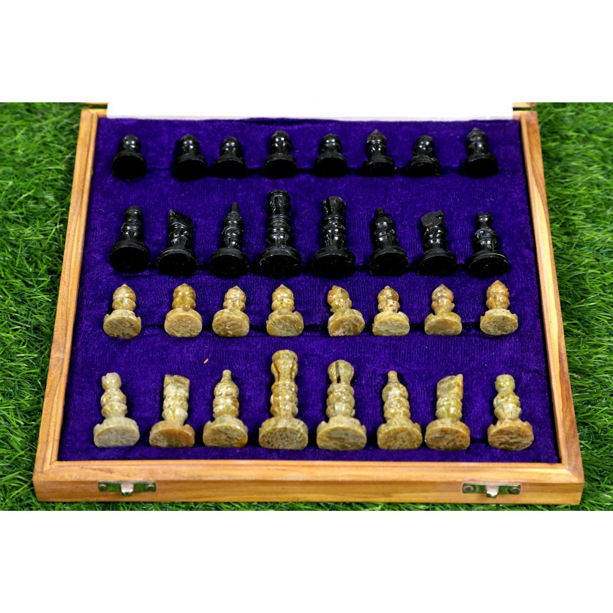 Wooden Marble Travelling Chess Pieces set with Soap Stone Hand-carved Pieces and with Storage Case