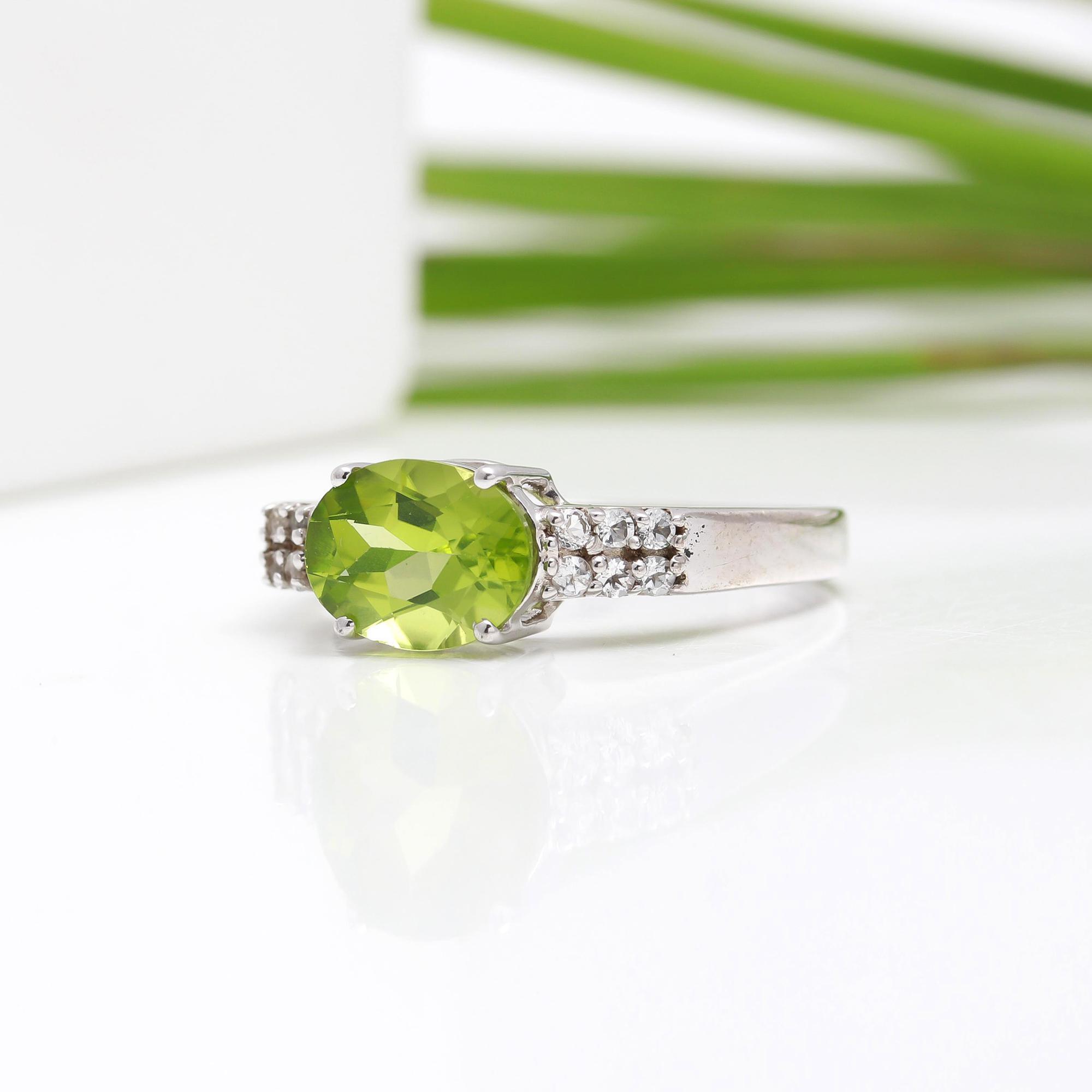 Mens Statement Gemstone Ring Natural Birthstone Green Peridot Oval Faceted Zircon Band Handmade 925 Sterling Silver Men's Ring