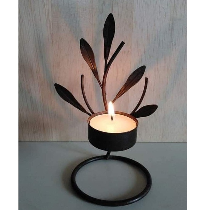 High Stability Metal Iron Wire Leave Design Background Tea Light Candle Stand Round Ring Base Black For Restaurants Table Decor