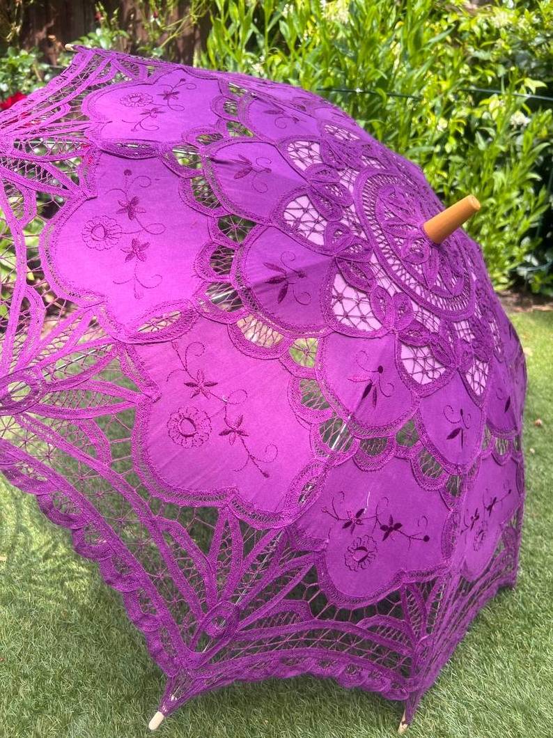 Handmade Detailed Full Cotton Victorian Lace Umbrella Parasol Gift or Decoration Wedding Gift Various Colors Dark Purple