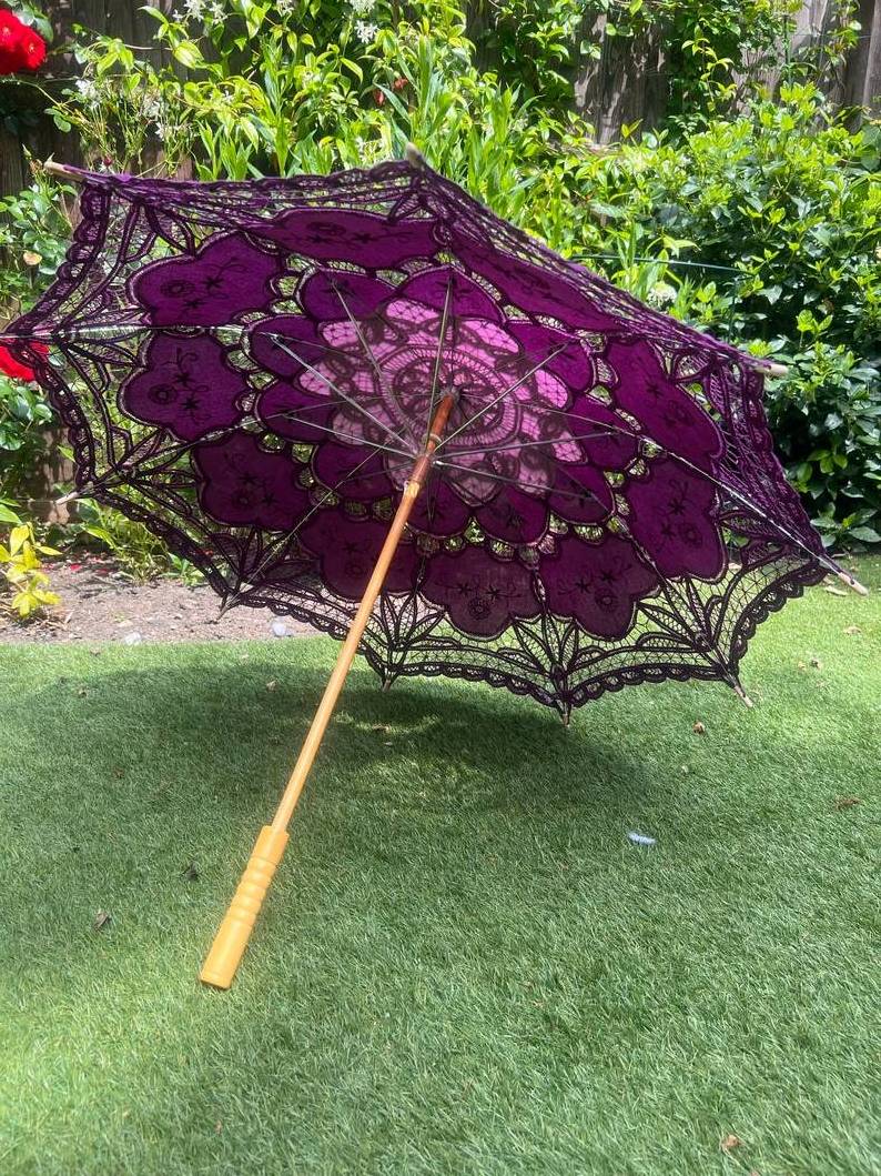 Handmade Detailed Full Cotton Victorian Lace Umbrella Parasol Gift or Decoration Wedding Gift Various Colors Dark Purple