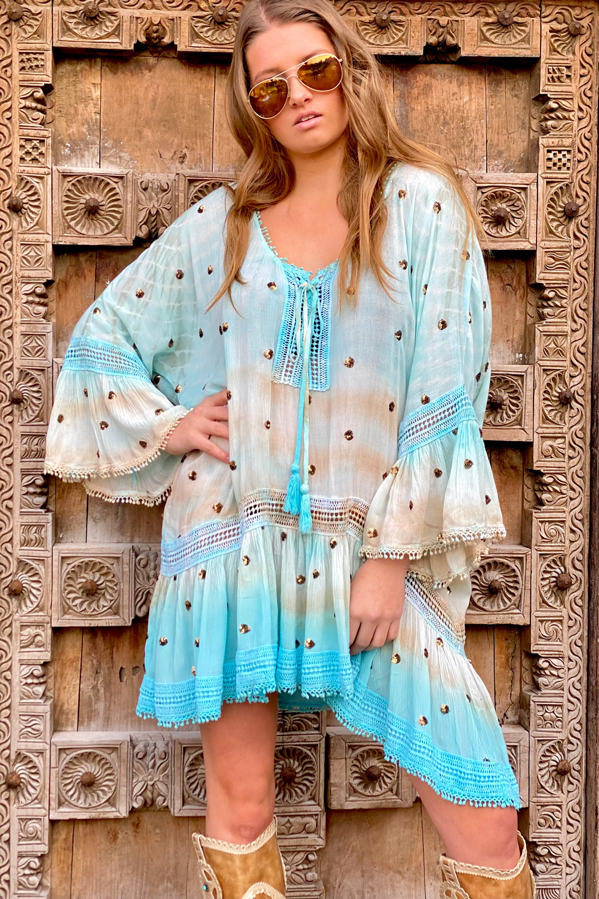 2022 Trendy Summer Boho Dresses Women Hand Tie Dye Long Sleeve Casual Party Mini Sexy Very Short Dresses