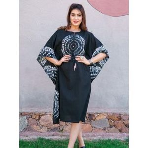 Latest Kaftan Dress Designs Digital Block Printed Flower Long Sleeve Neckline Women Casual Indian Silk Boho Dress