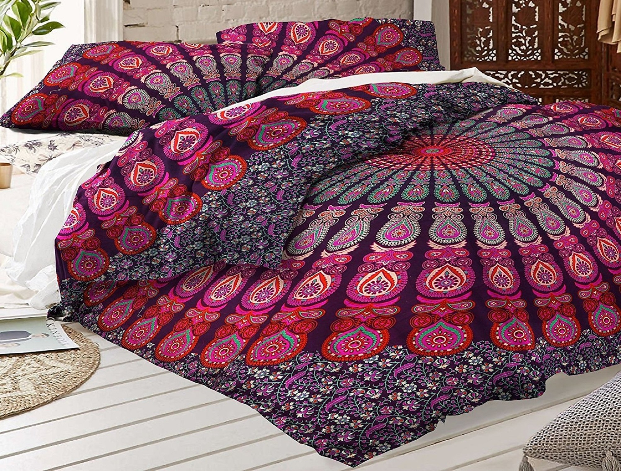 Peacock Feather Purple Mandala Duvet Cover  Indian Handmade Doona Cover Queen Reversible Cotton Quilt Cover Mandala Bedding Set